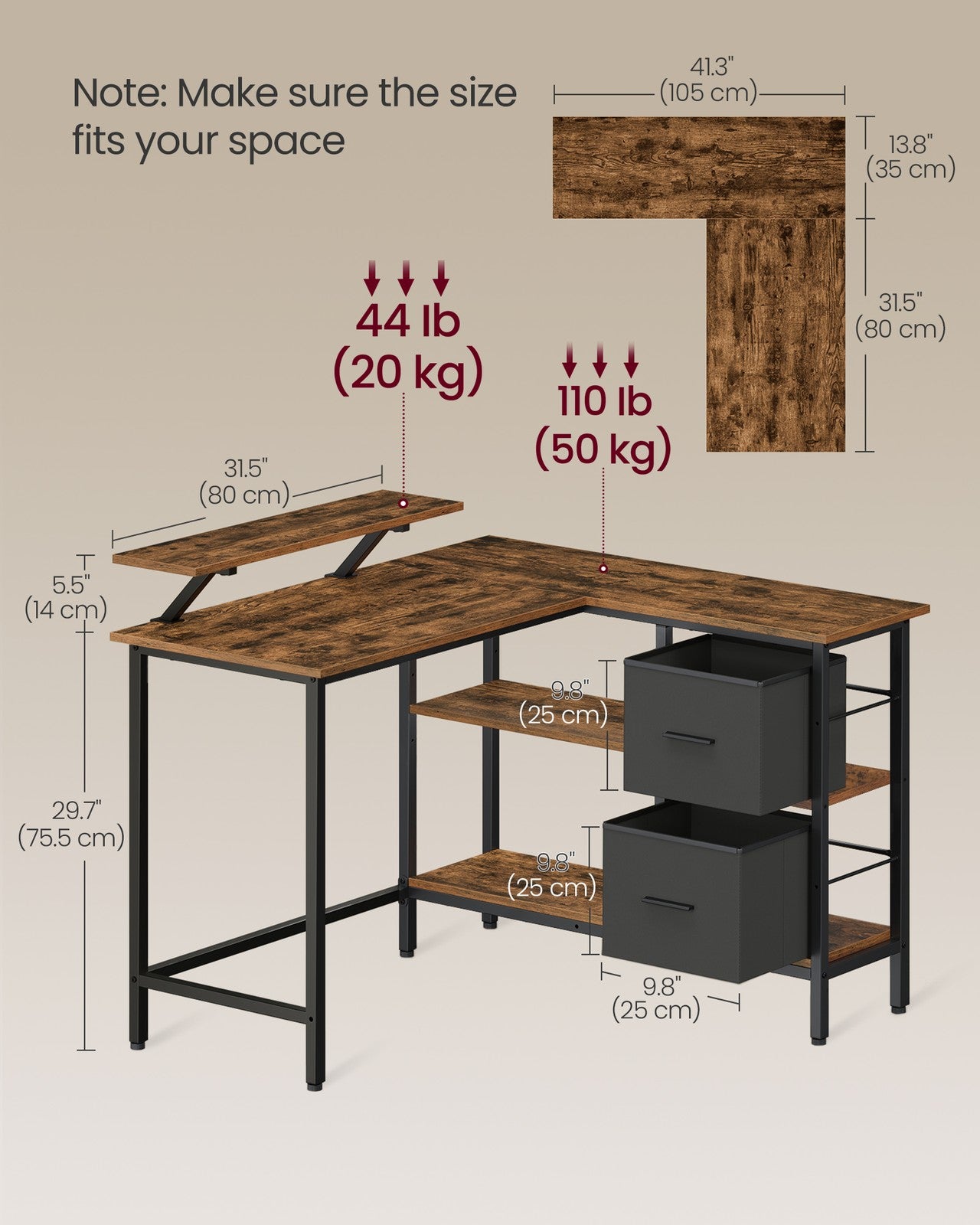 L-Shaped Desk with 2 Drawers 115 cm Wide Rustic Brown - image 6