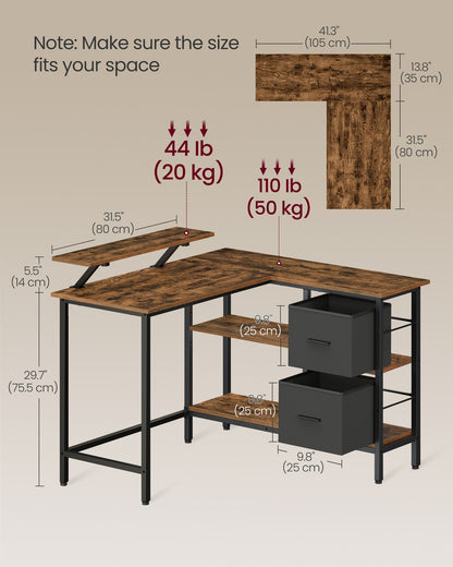 L-Shaped Desk with 2 Drawers 115 cm Wide Rustic Brown - image 6