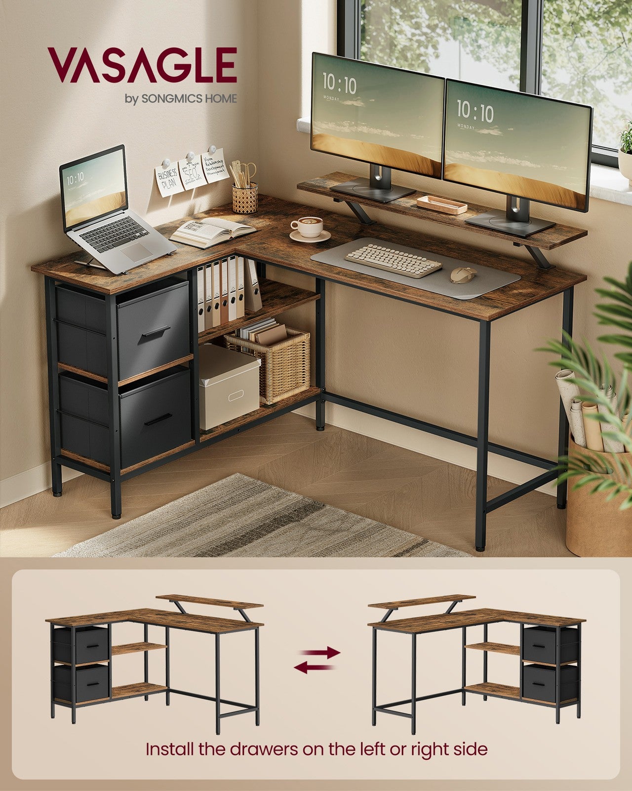 L-Shaped Desk with 2 Drawers 115 cm Wide Rustic Brown - image 16