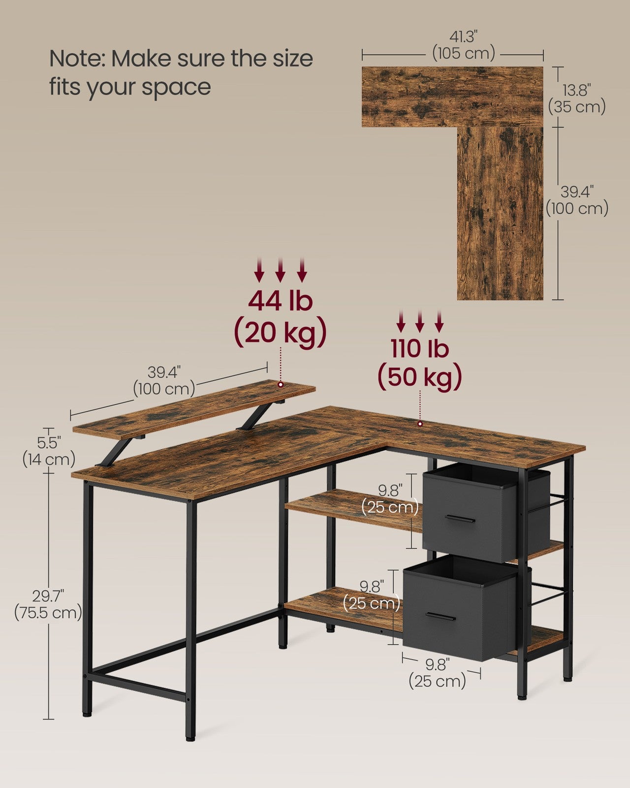 L-Shaped Desk with 2 Drawers 115 cm Wide Rustic Brown - image 20