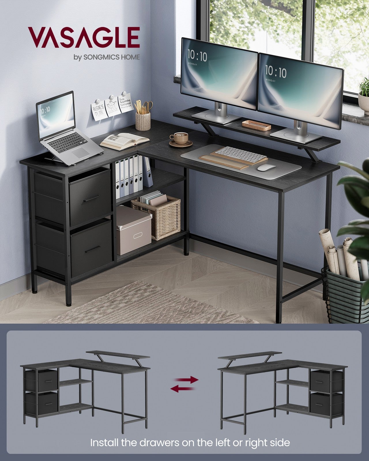 L-Shaped Desk with 2 Drawers 115 cm Wide Rustic Brown - image 23