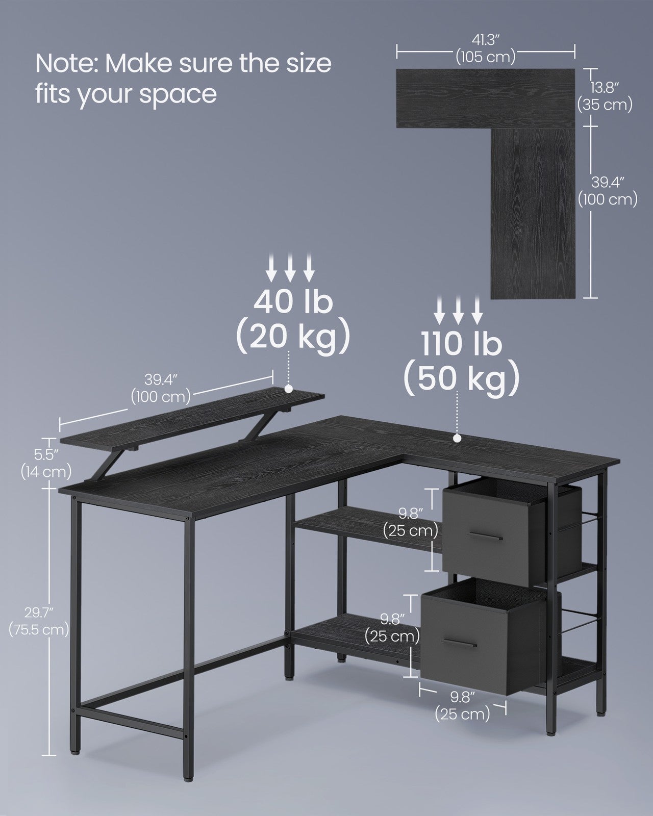 L-Shaped Desk with 2 Drawers 115 cm Wide Rustic Brown - image 27