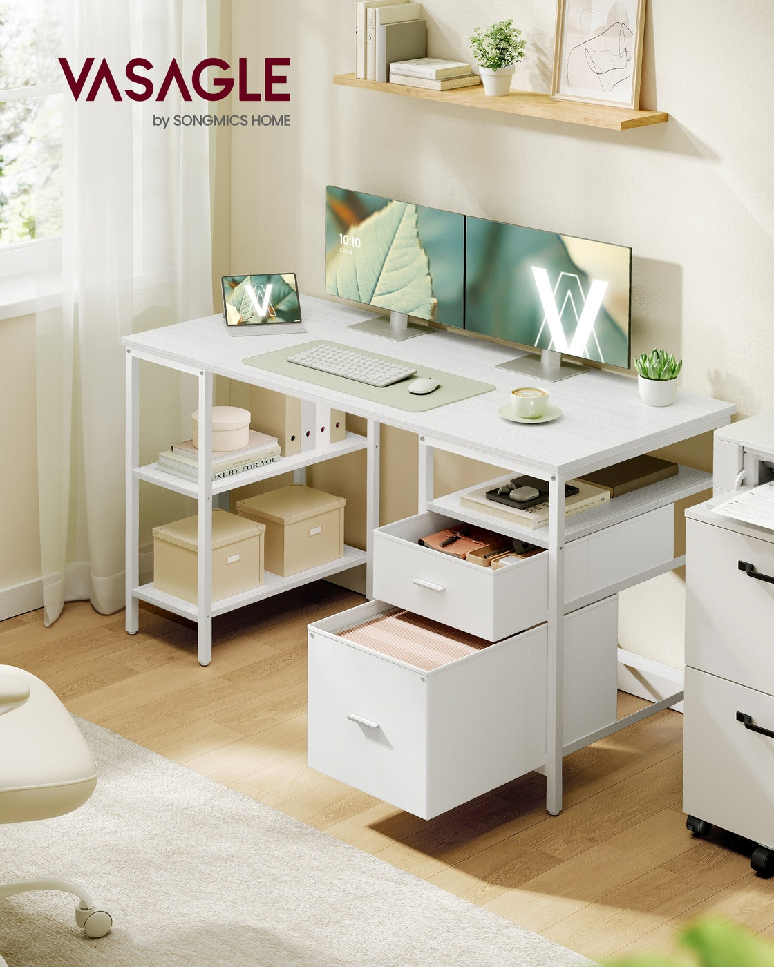 Computer Desk with 3 Shelves 2 Drawers 60 x 140 x 76 cm Natural Oak and Pearl White - image 14
