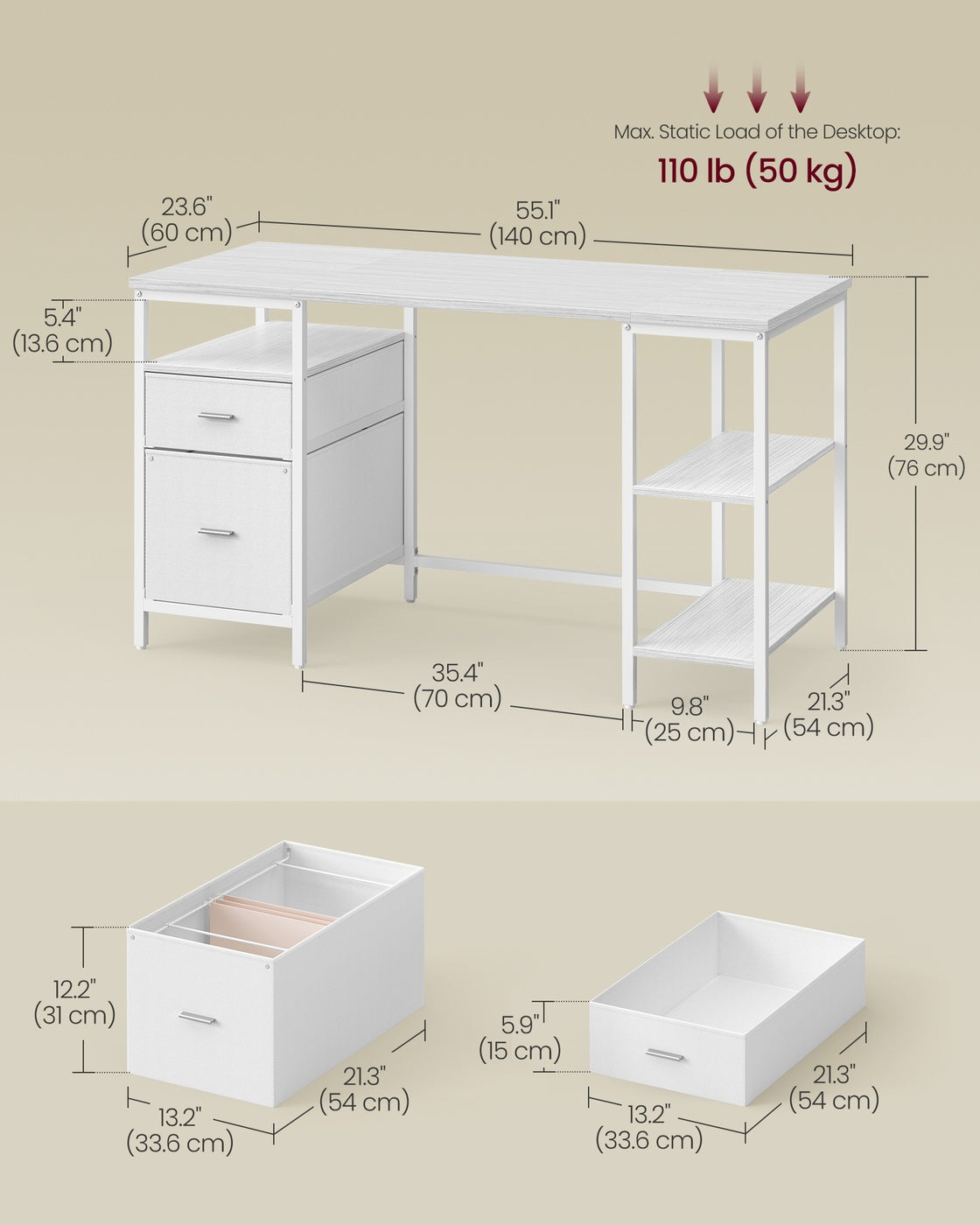 Computer Desk with 3 Shelves 2 Drawers 60 x 140 x 76 cm Natural Oak and Pearl White - image 17