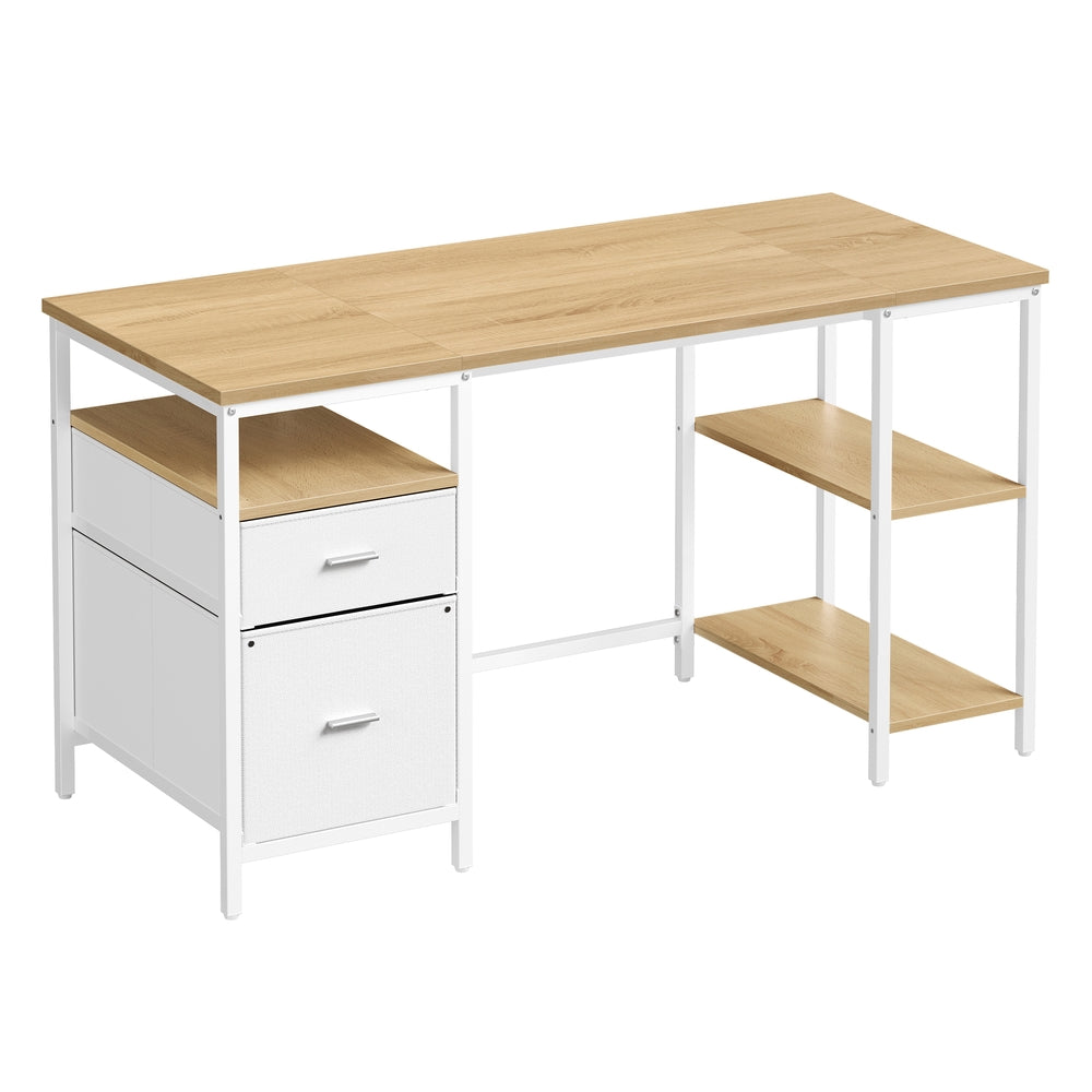 Computer Desk with 3 Shelves 2 Drawers 60 x 140 x 76 cm Natural Oak and Pearl White - image 1
