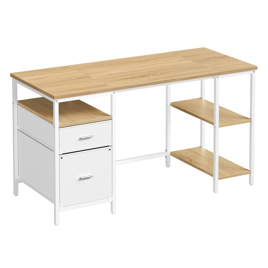 Computer Desk with 3 Shelves 2 Drawers 60 x 140 x 76 cm Natural Oak and Pearl White - image 1