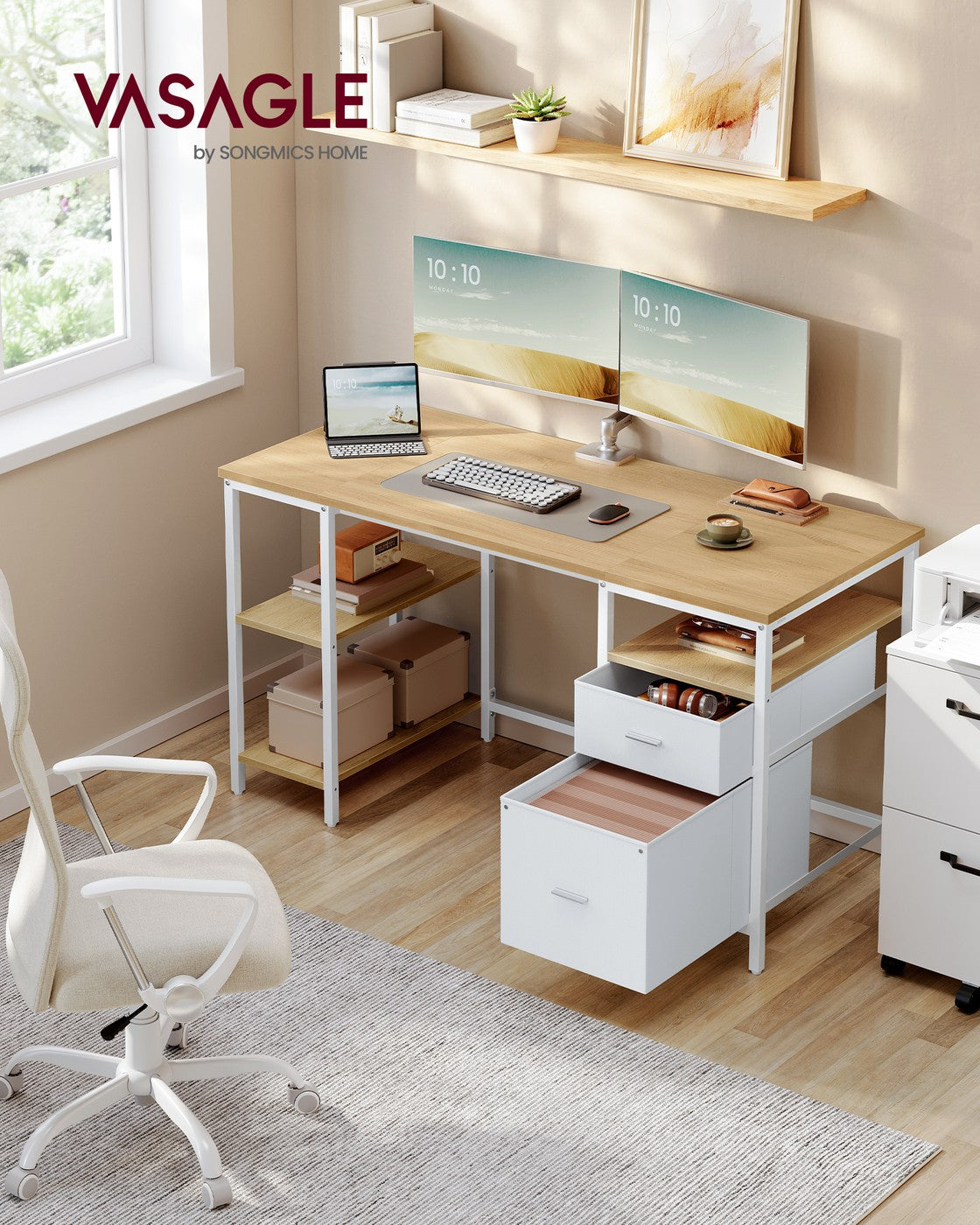 Computer Desk with 3 Shelves 2 Drawers 60 x 140 x 76 cm Natural Oak and Pearl White - image 2