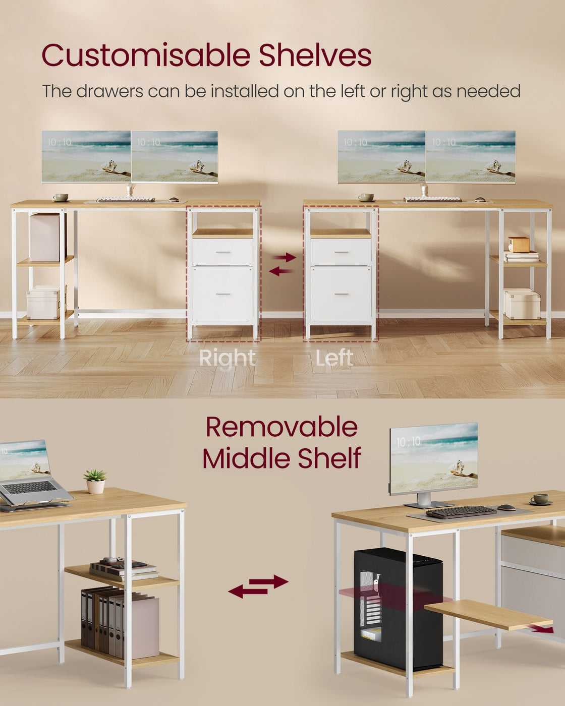 Computer Desk with 3 Shelves 2 Drawers 60 x 140 x 76 cm Natural Oak and Pearl White - image 4