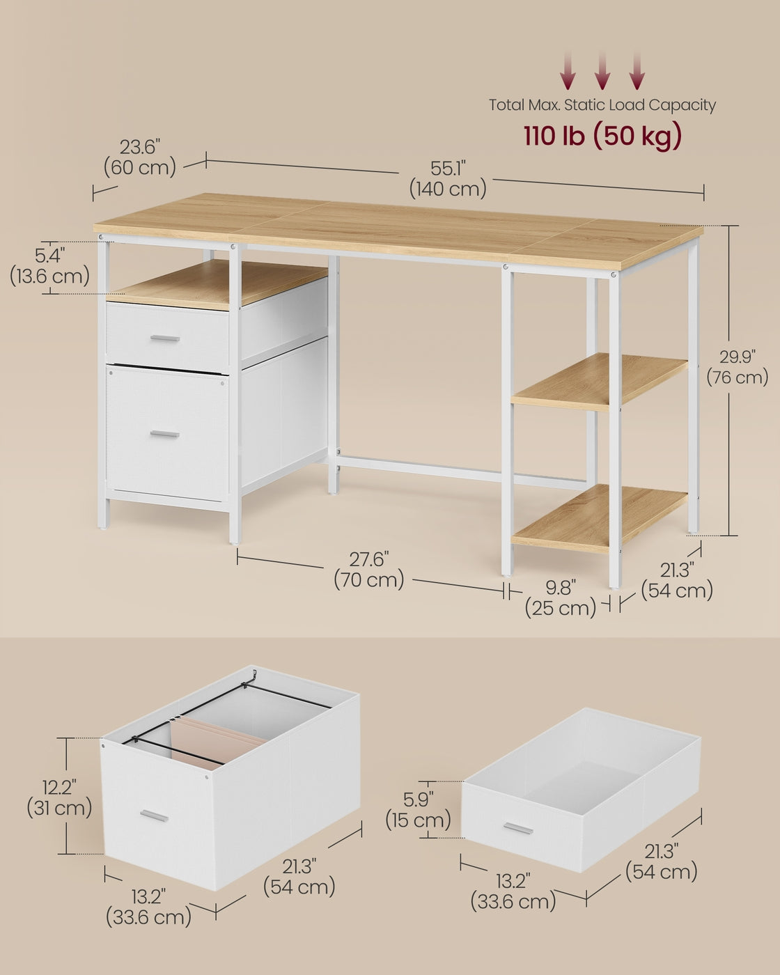 Computer Desk with 3 Shelves 2 Drawers 60 x 140 x 76 cm Natural Oak and Pearl White - image 5
