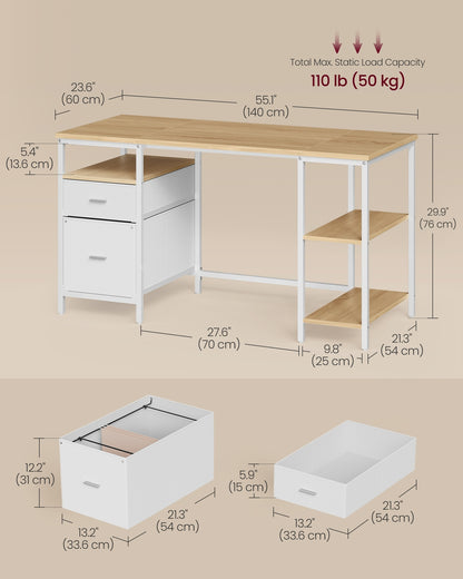 Computer Desk with 3 Shelves 2 Drawers 60 x 140 x 76 cm Natural Oak and Pearl White - image 5