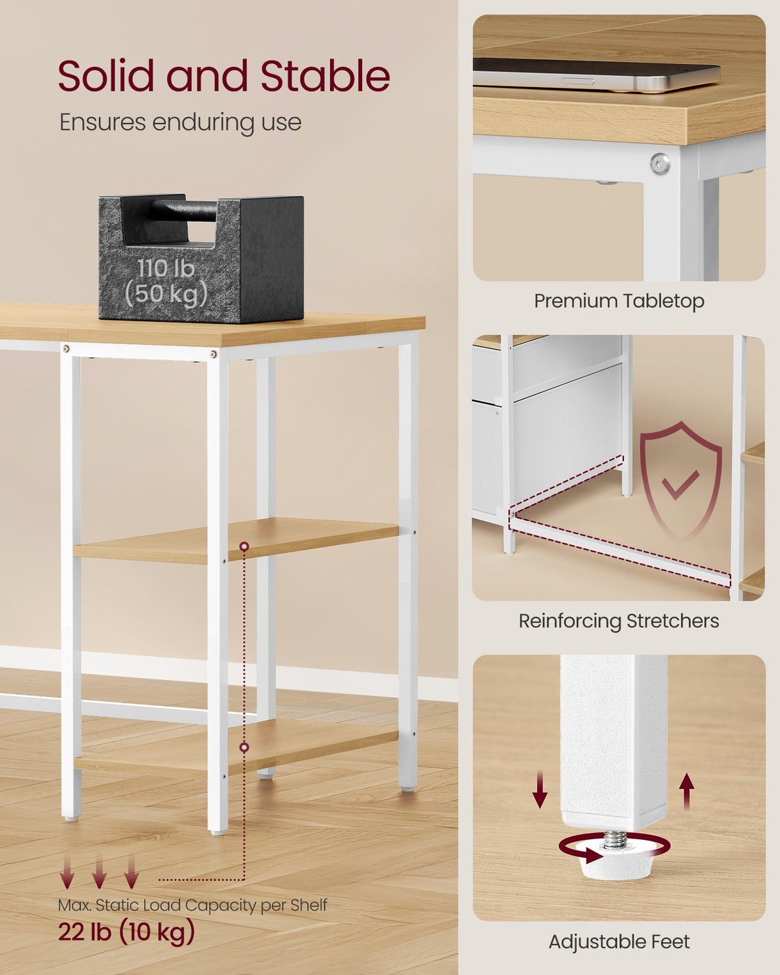 Computer Desk with 3 Shelves 2 Drawers 60 x 140 x 76 cm Natural Oak and Pearl White - image 6