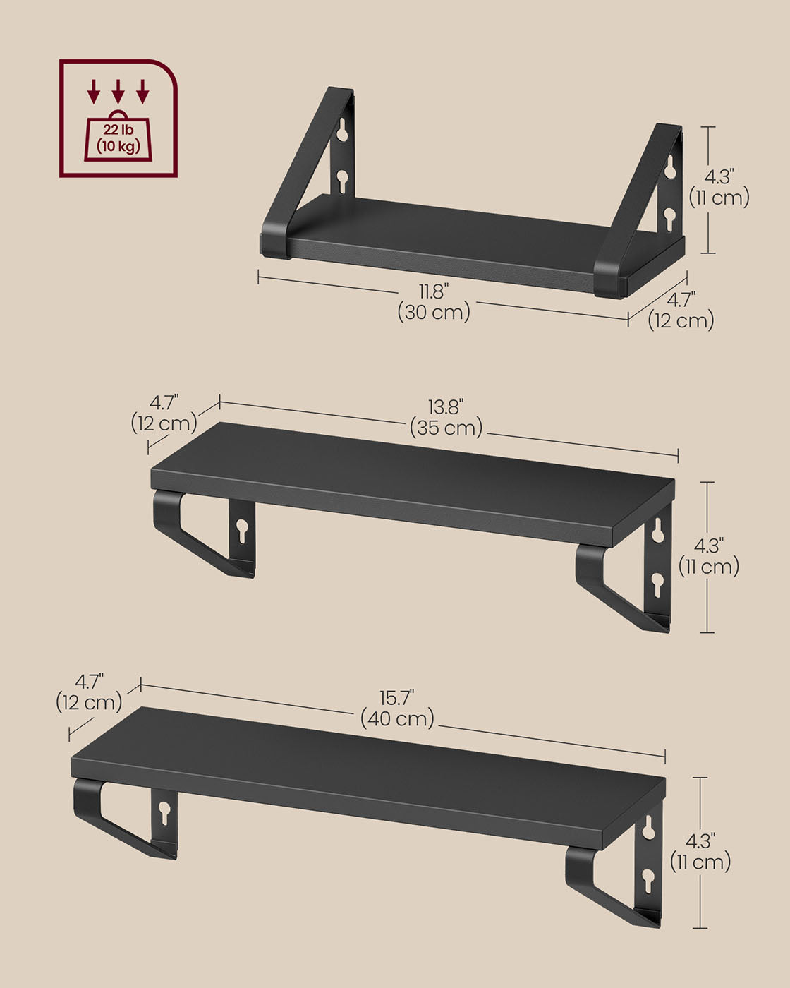 Set of 3 Wall Shelves 2 Mounting Ways Ink Black and Matte Black - image 6