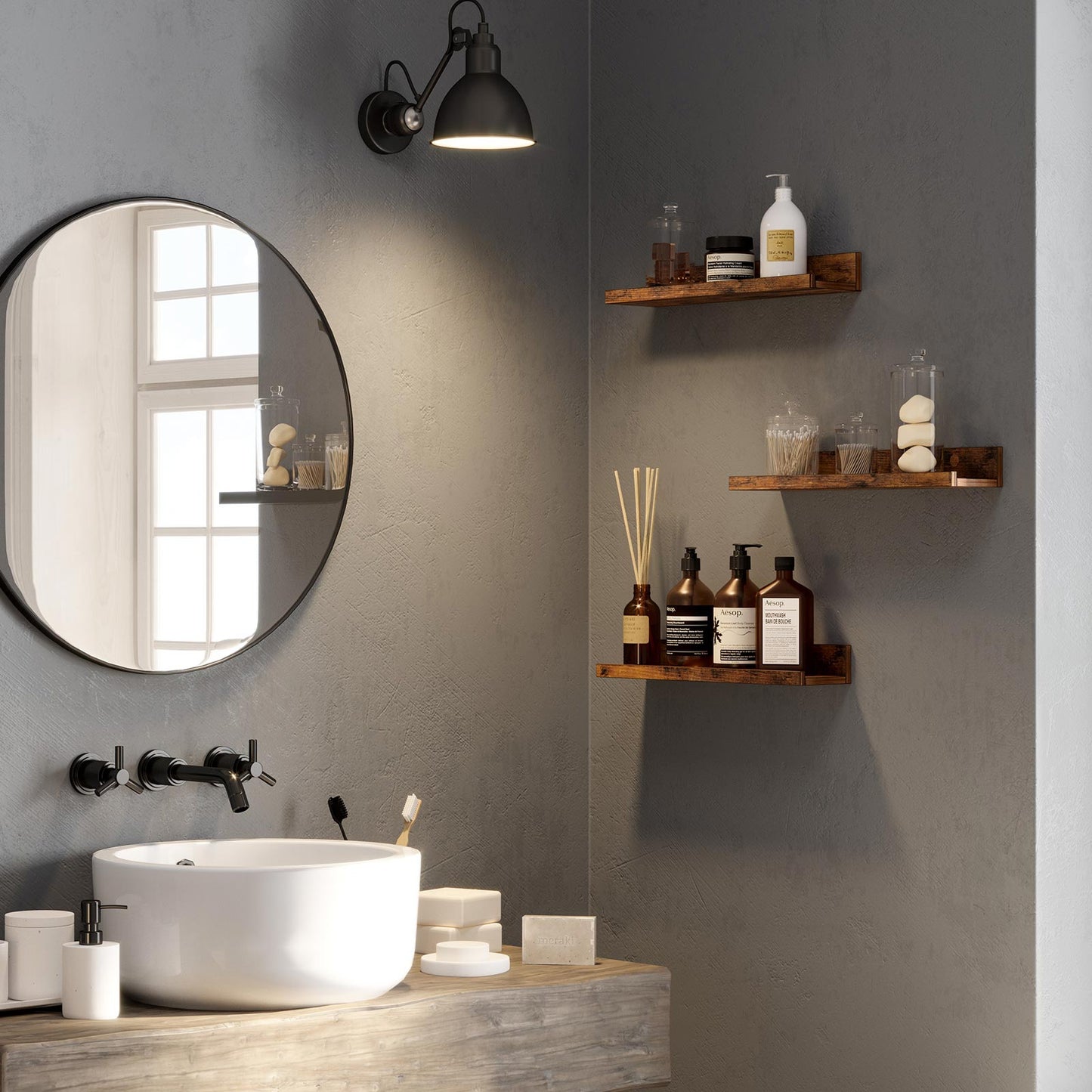 Set of 3 Rustic Brown Wooden Floating Shelves - image 3