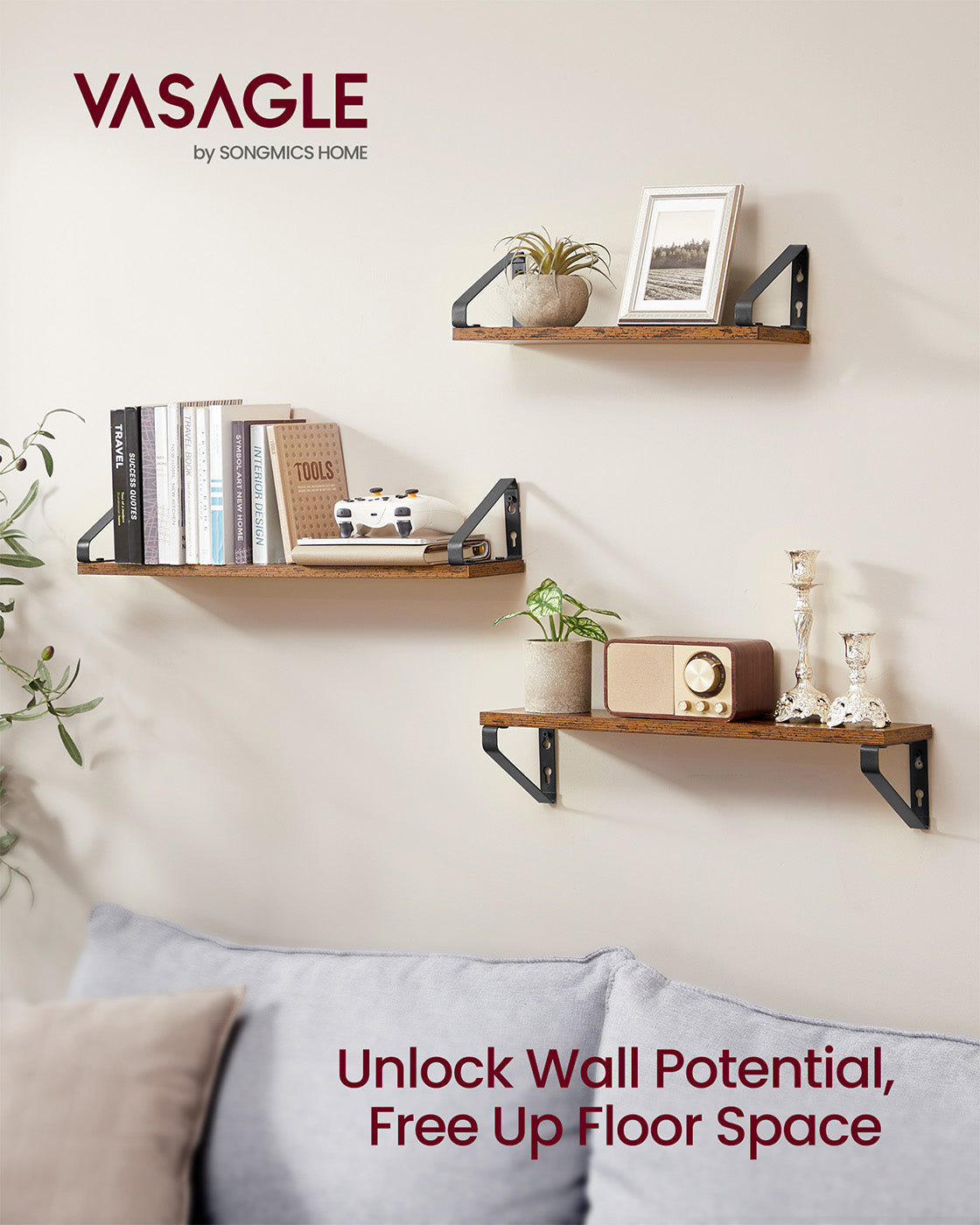 Set of 3 Wall Shelves 2 Mounting Ways Rustic Brown and Matte Black - image 2