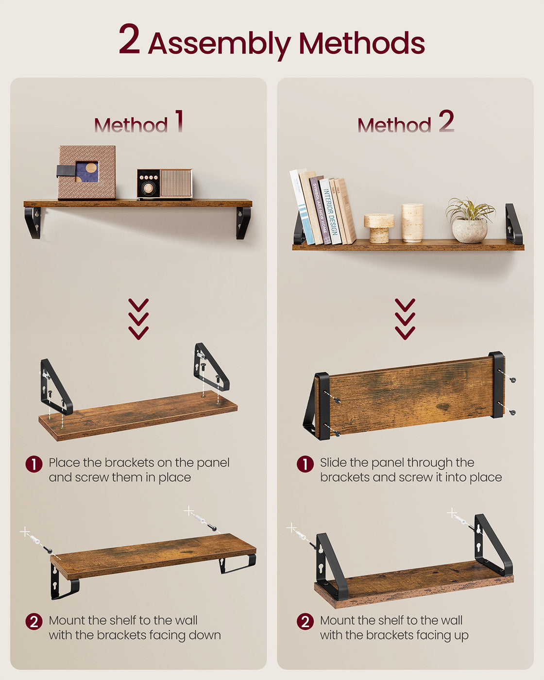 Set of 3 Wall Shelves 2 Mounting Ways Rustic Brown and Matte Black - image 5