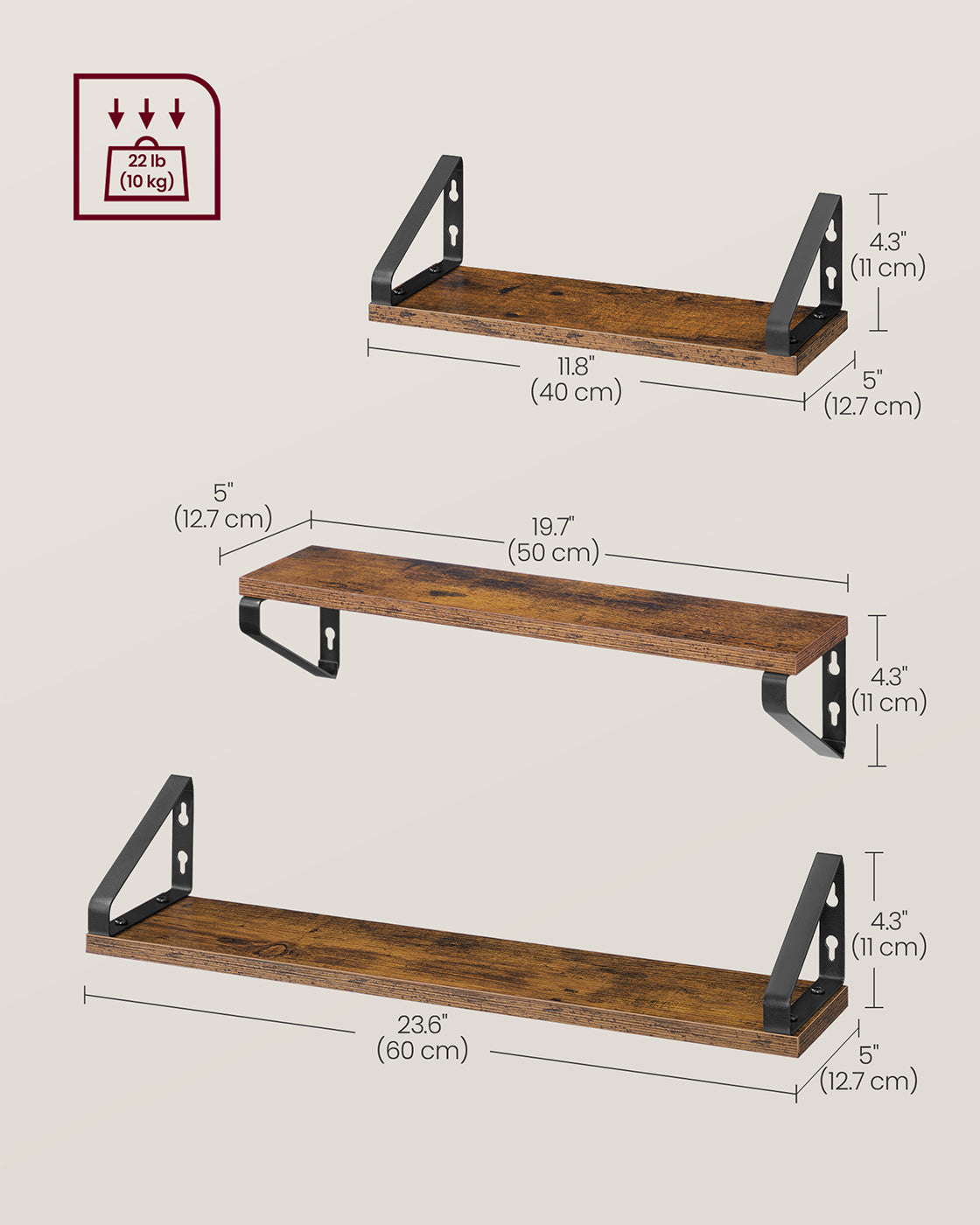 Set of 3 Wall Shelves 2 Mounting Ways Rustic Brown and Matte Black - image 6