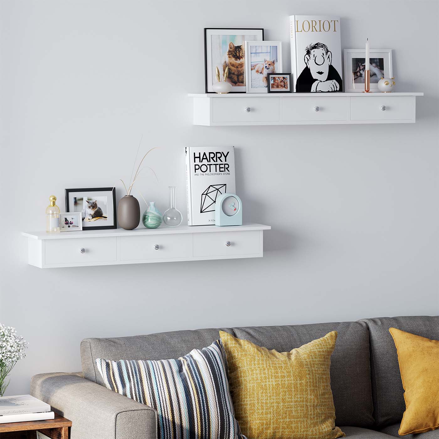 White Wall-Mounted Floating Shelf with Drawers - image 3