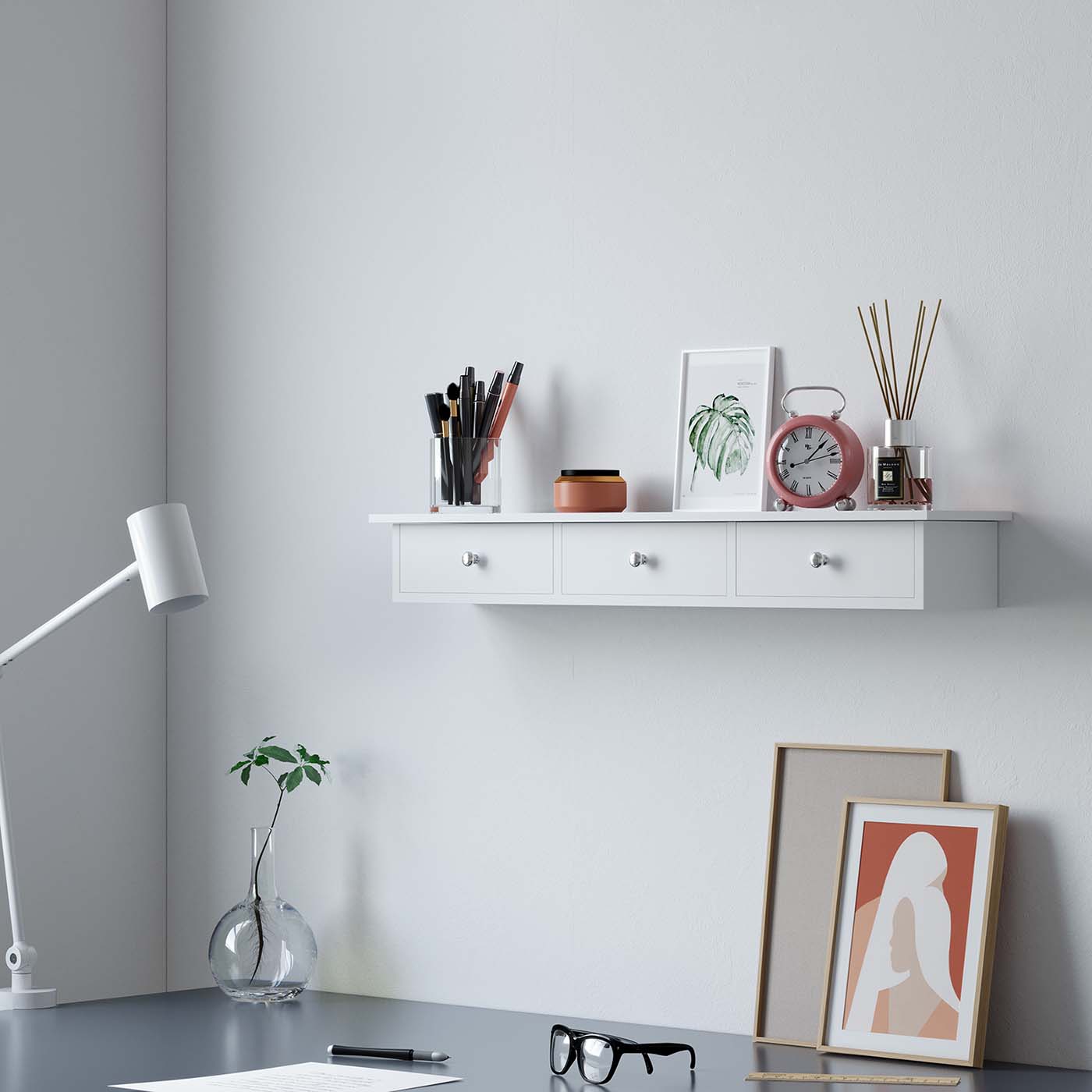 White Wall-Mounted Floating Shelf with Drawers - image 4
