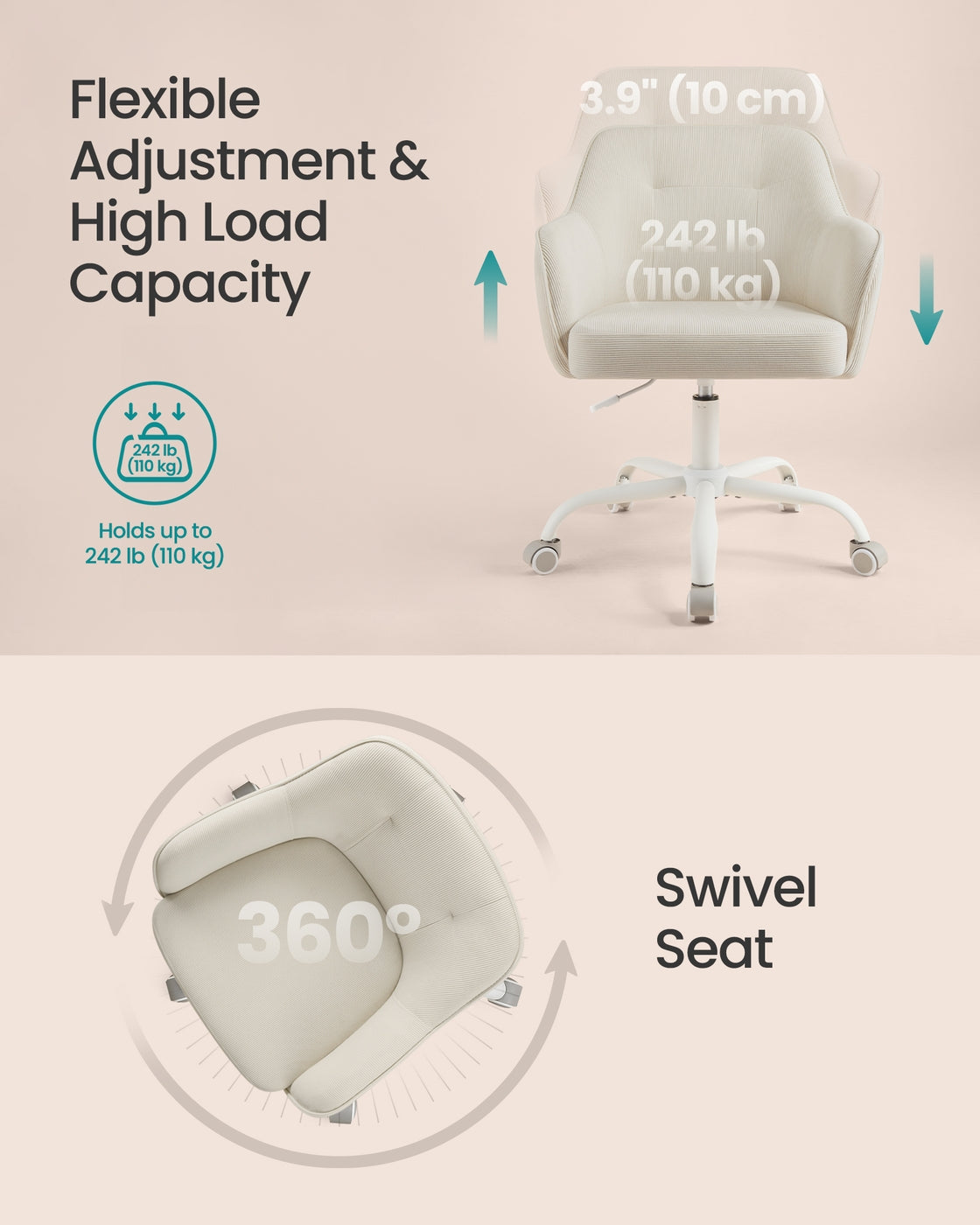 Office Chair Swivel Desk Chair 110 kg Load Sand Beige - image 5