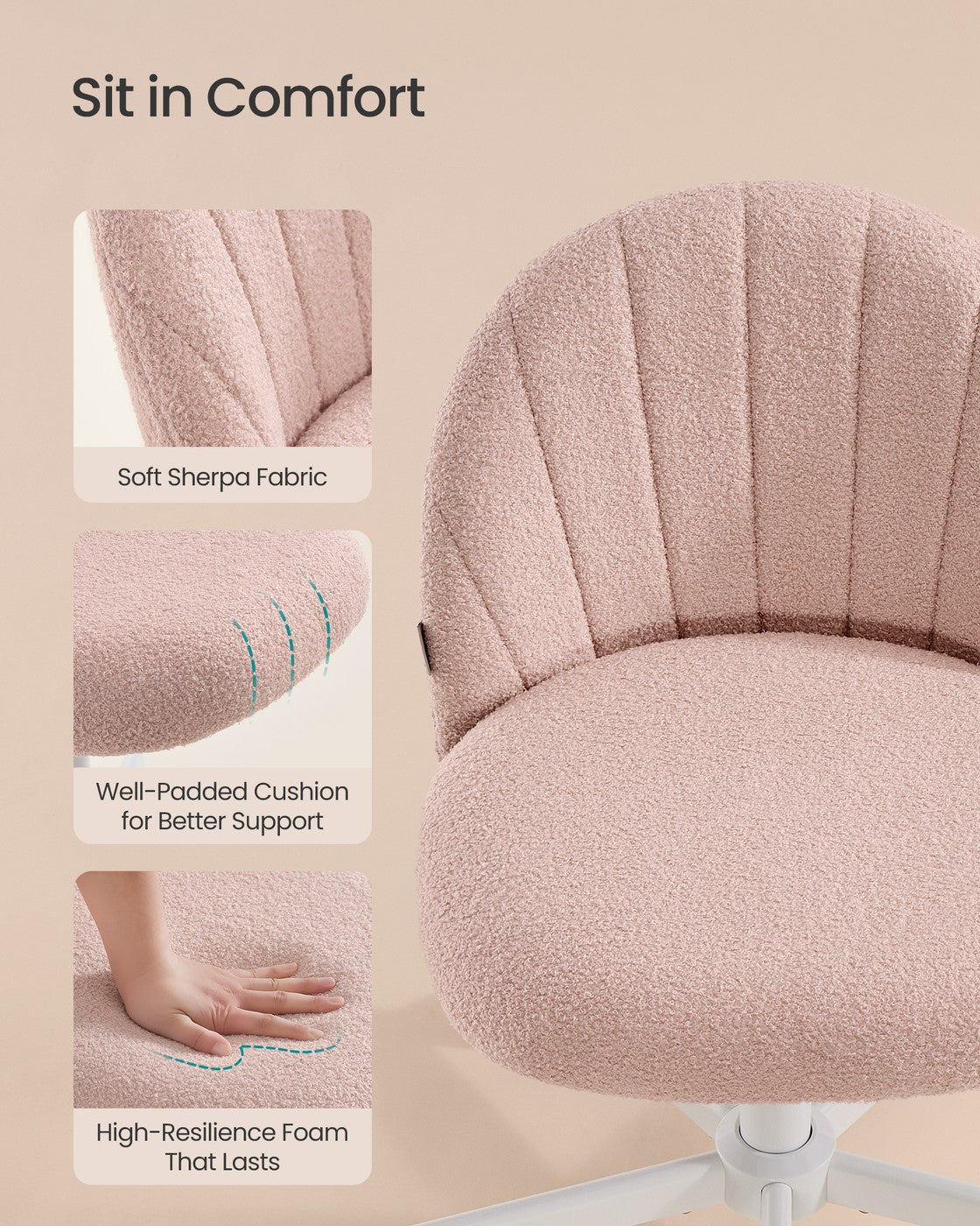 Office Chair Swivel Makeup Vanity Desk Chair Teddy Fleece Cream White - image 13
