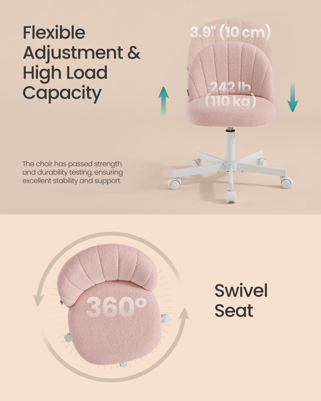 Office Chair Swivel Makeup Vanity Desk Chair Teddy Fleece Cream White - image 14