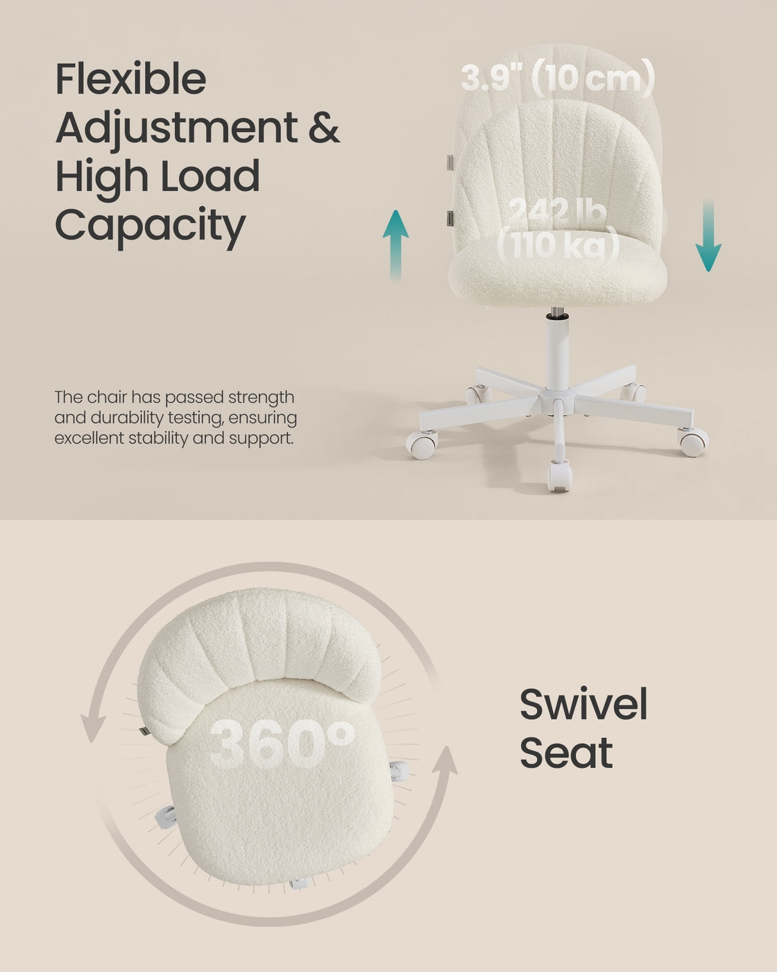 Office Chair Swivel Makeup Vanity Desk Chair Teddy Fleece Cream White - image 6