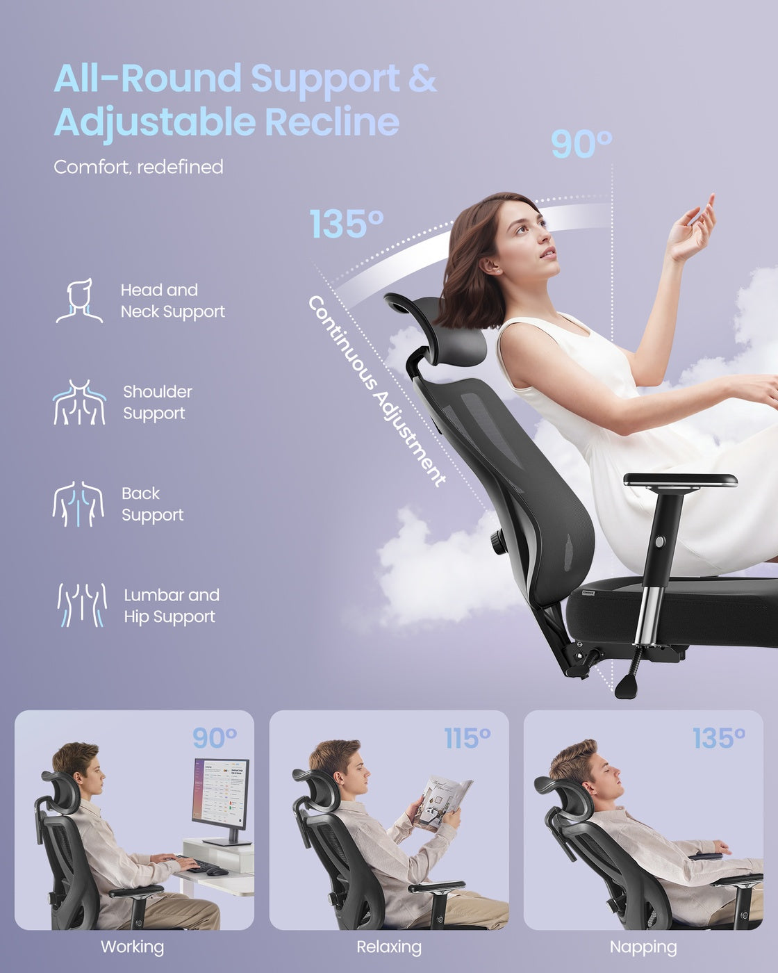 Ergonomic Office Chair Height Adjustable Desk Chair Loads 150 kg Ink Black - image 6