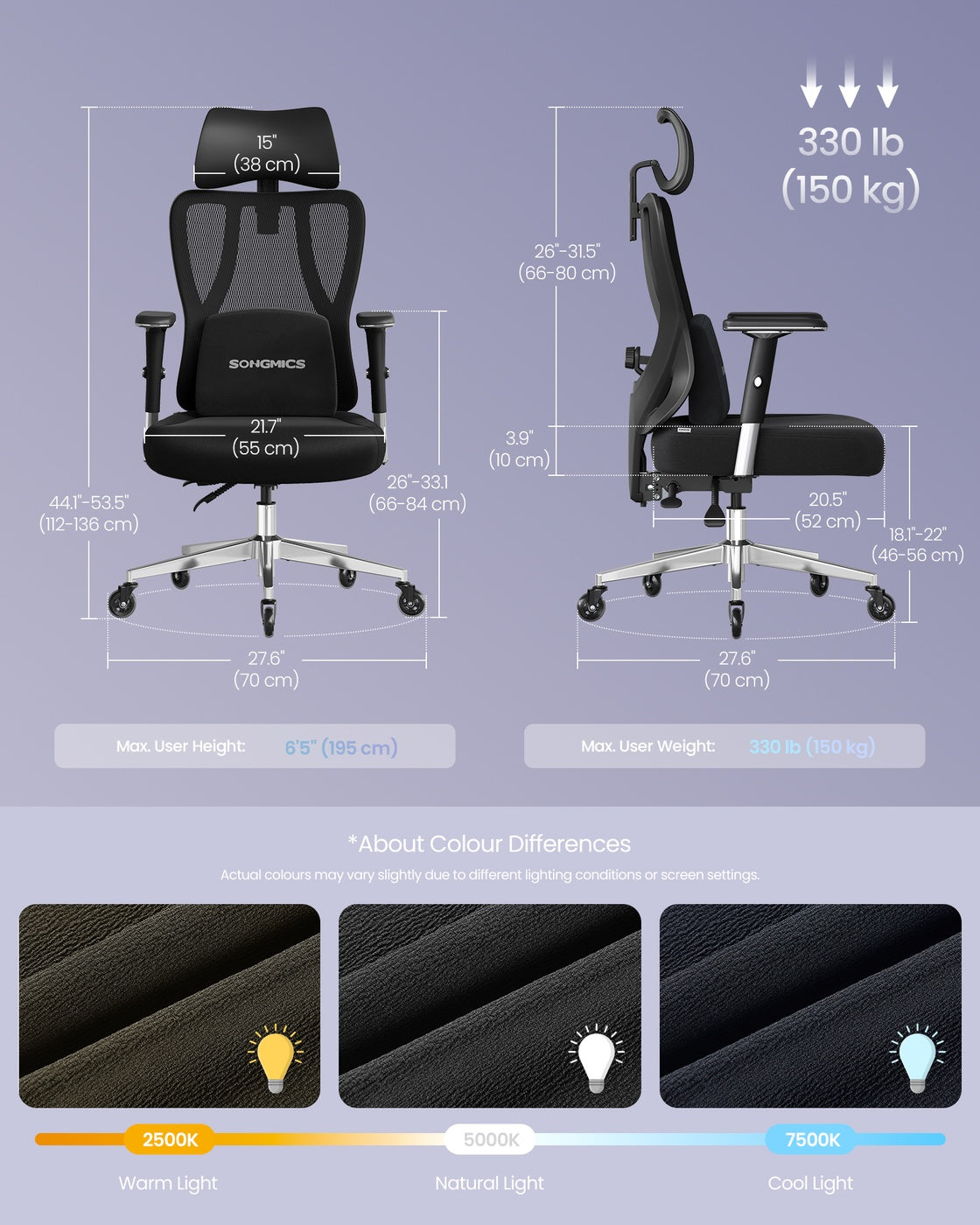 Ergonomic Office Chair Height Adjustable Desk Chair Loads 150 kg Ink Black - image 7