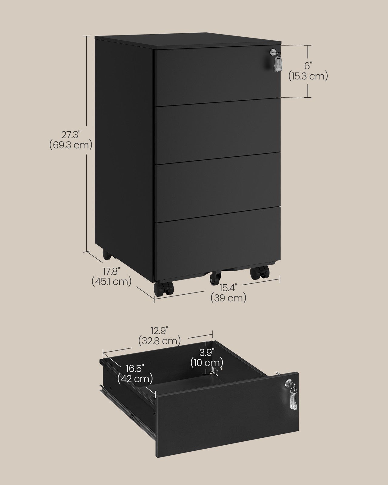 Lockable Mobile File Cabinet with 4 Drawers Ink Black - image 5