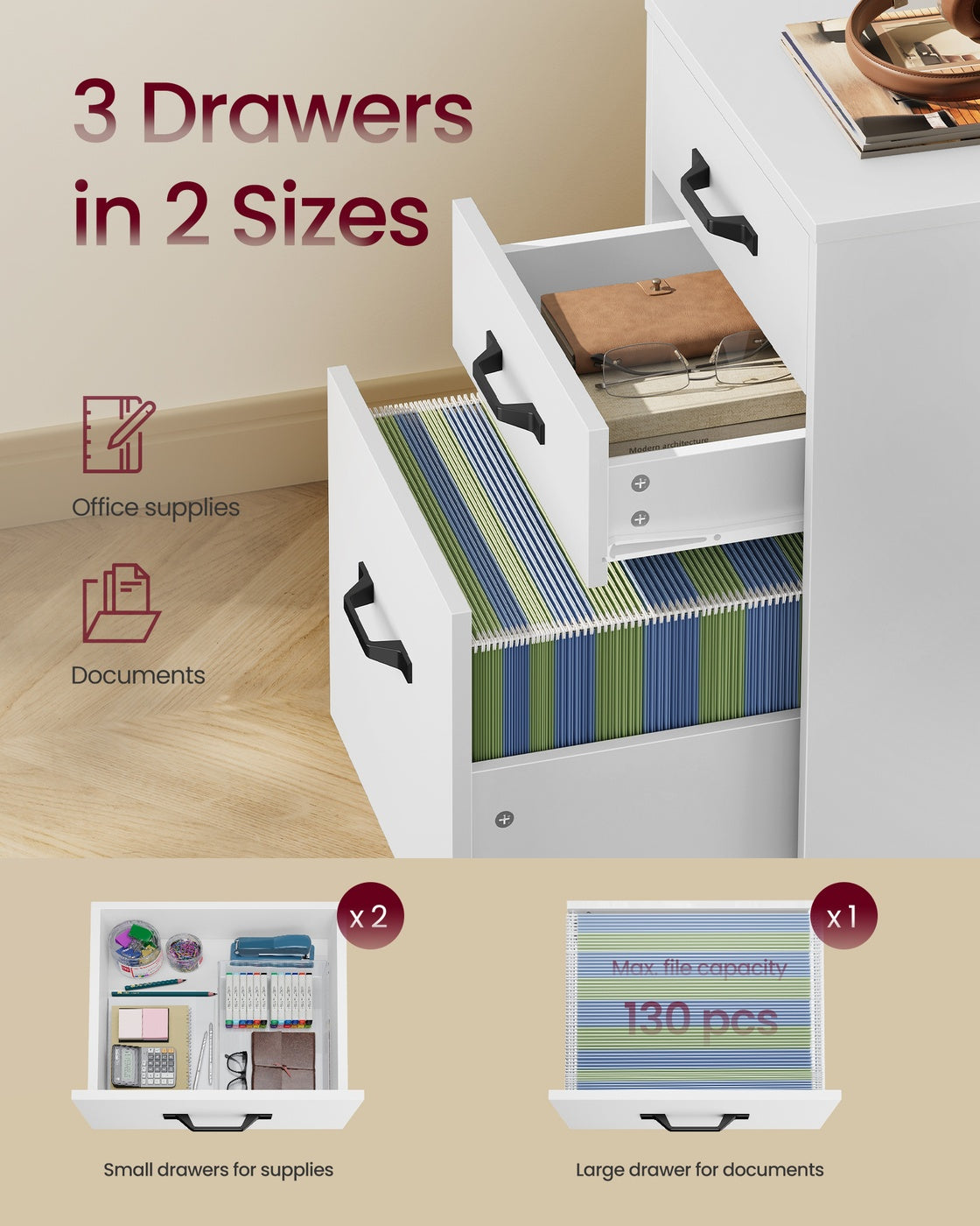 File Cabinet with 2 Drawers Rolling Office Filing Cabinet with Wheels Rustic Brown and Black - image 11