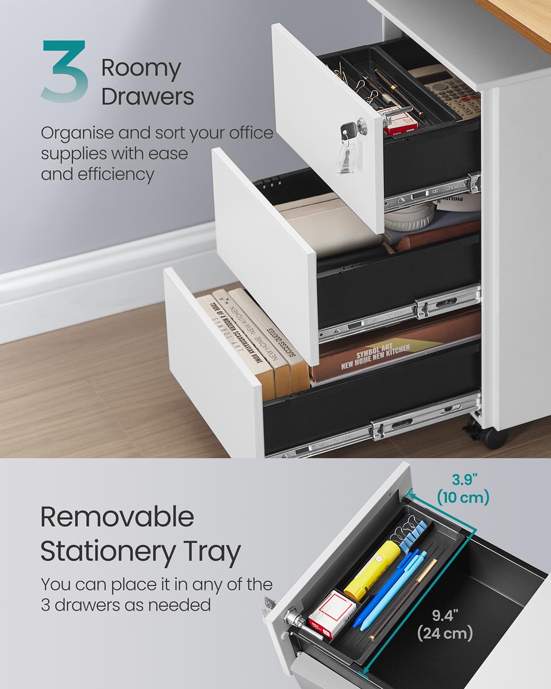Mobile File Cabinet with 3 Lockable Drawers Pre-Assembled Matte White - image 3