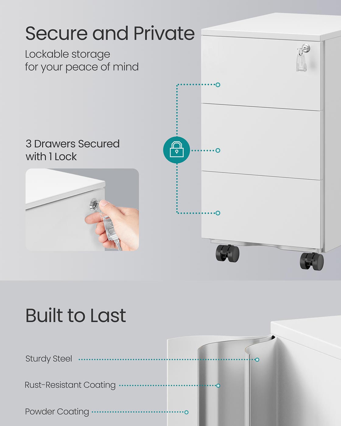 Mobile File Cabinet with 3 Lockable Drawers Pre-Assembled Matte White - image 4