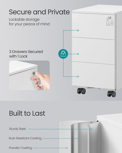 Mobile File Cabinet with 3 Lockable Drawers Pre-Assembled Matte White - image 4