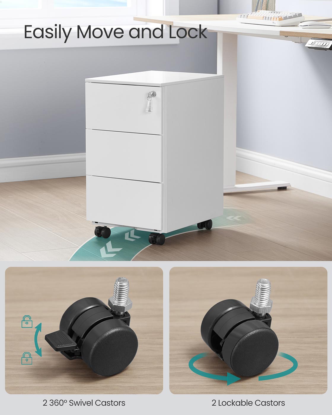 Mobile File Cabinet with 3 Lockable Drawers Pre-Assembled Matte White - image 5