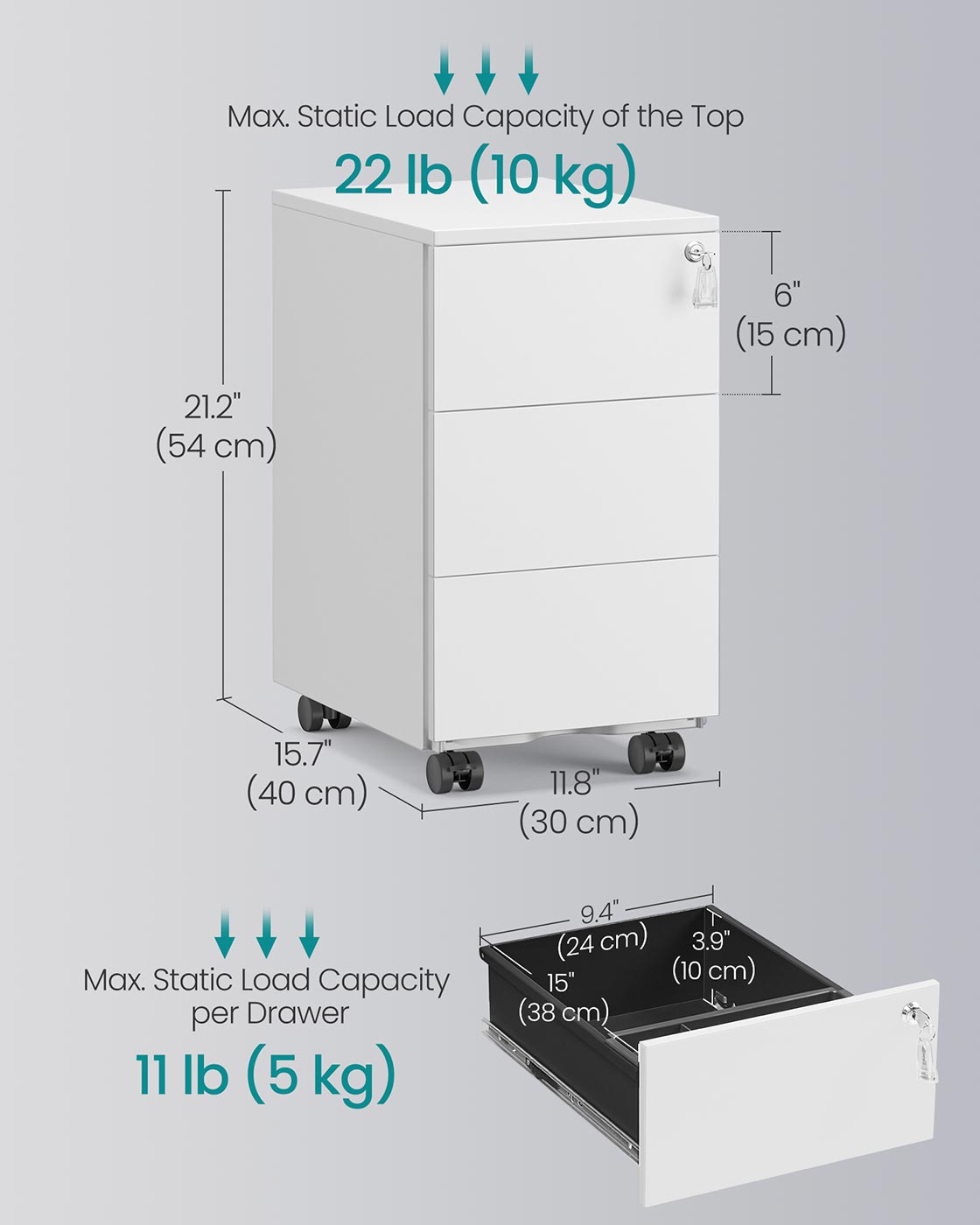 Mobile File Cabinet with 3 Lockable Drawers Pre-Assembled Matte White - image 6