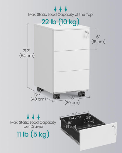 Mobile File Cabinet with 3 Lockable Drawers Pre-Assembled Matte White - image 6