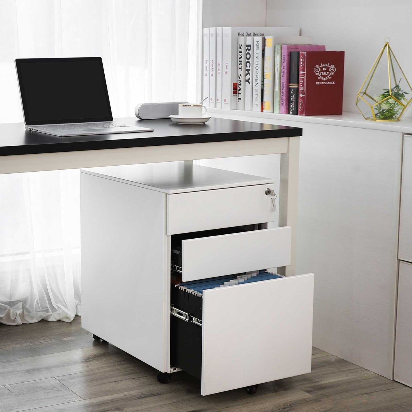 3-Drawer Lockable Mobile Filing Cabinet, White - image 4