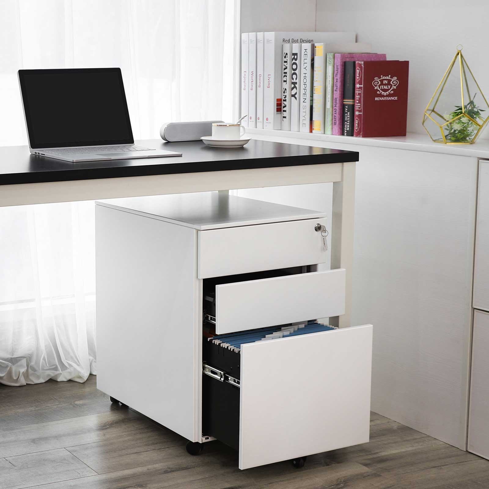3-Drawer Lockable Mobile Filing Cabinet, White - image 4