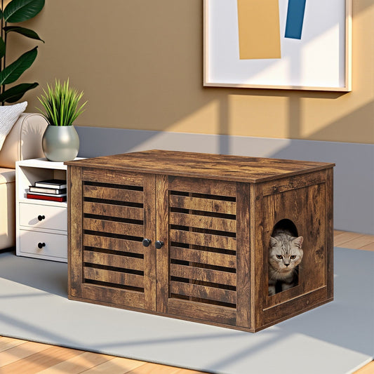 Cat Litter Box Cabinet Furniture with Removable Divider, Cat House End Table, Brown - image 1