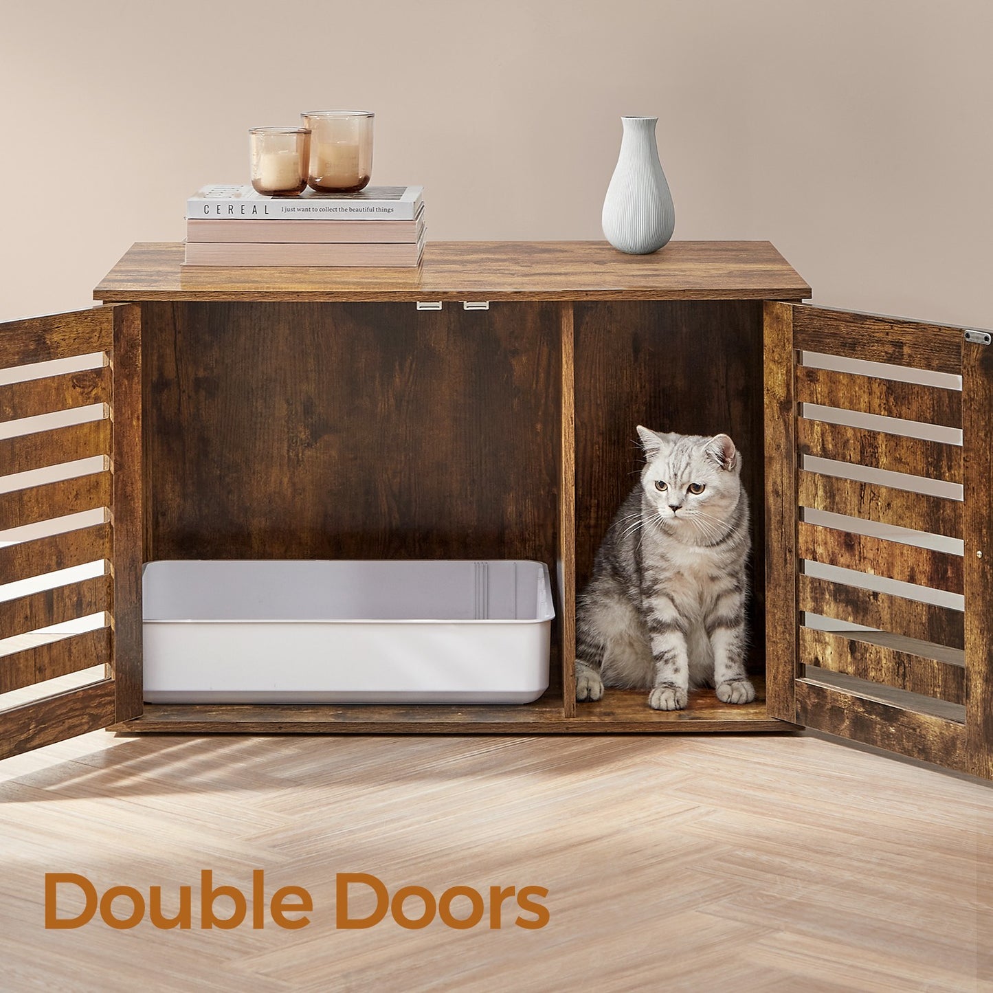 Cat Litter Box Cabinet Furniture with Removable Divider, Cat House End Table, Brown - image 5