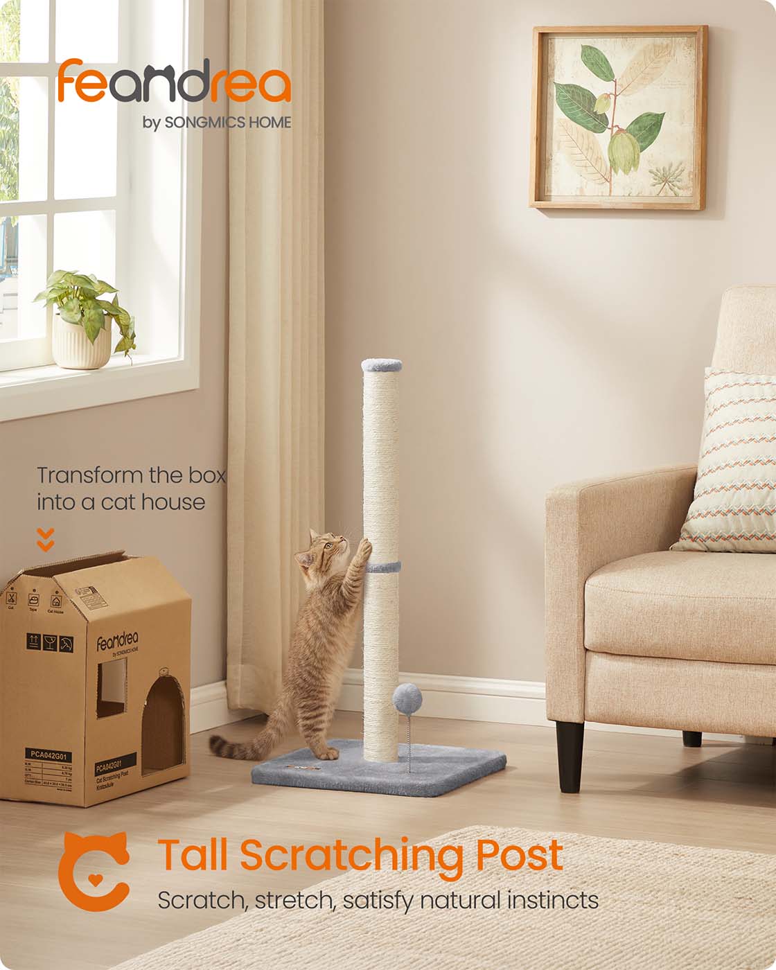 Tall Sisal Cat Scratching Post with Spring Toy - image 2