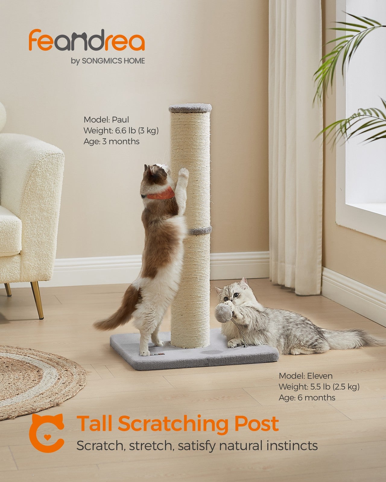 85 cm Tall Cat Scratching Post with Spring Pompom Dove Grey - image 2
