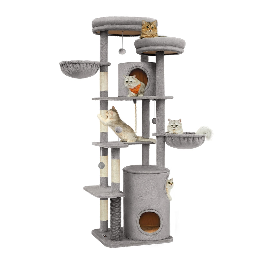 196 cm Tall Cat Tower with 2 Perches Light Grey - image 1