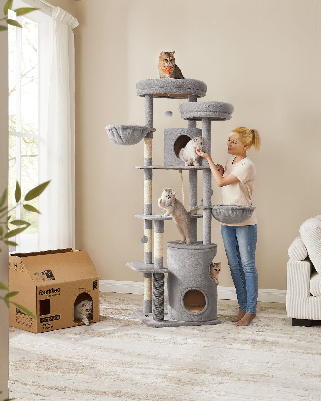 196 cm Tall Cat Tower with 2 Perches Light Grey - image 2