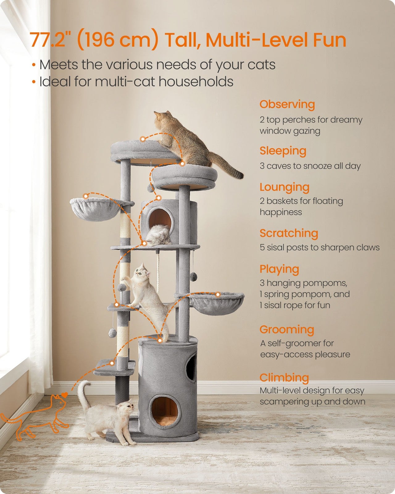 196 cm Tall Cat Tower with 2 Perches Light Grey - image 3