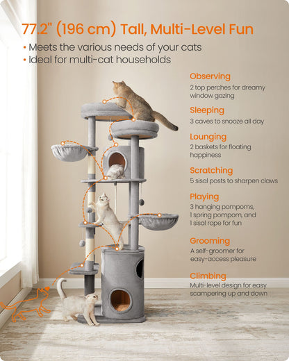 196 cm Tall Cat Tower with 2 Perches Light Grey - image 3