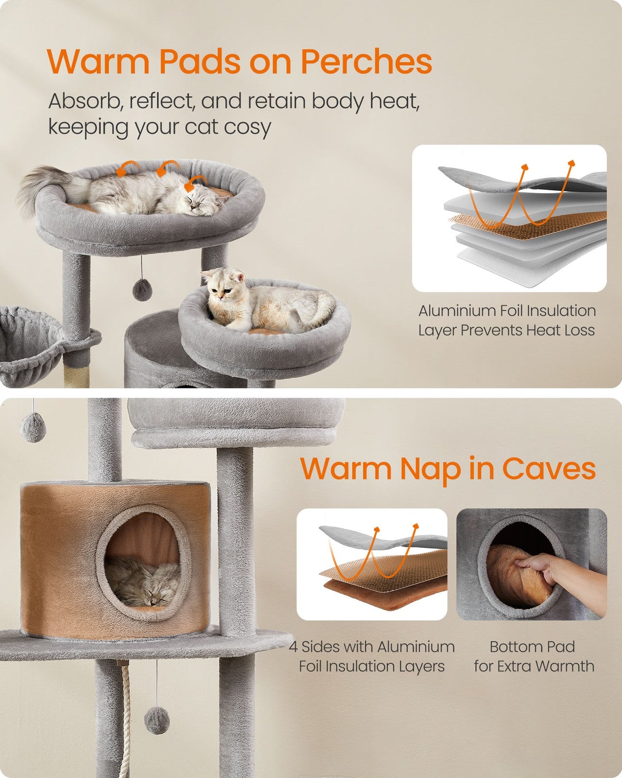 196 cm Tall Cat Tower with 2 Perches Light Grey - image 4