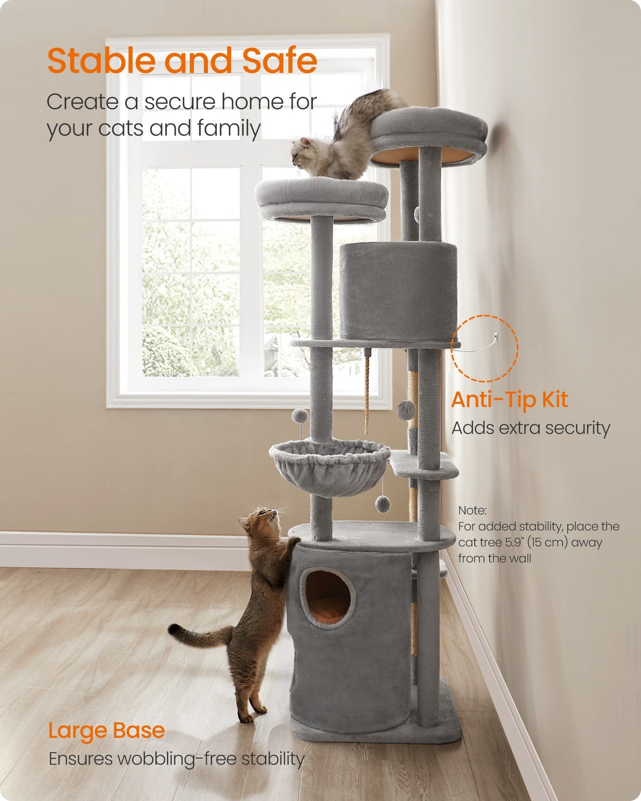 196 cm Tall Cat Tower with 2 Perches Light Grey - image 5