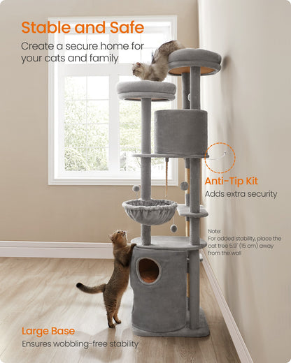 196 cm Tall Cat Tower with 2 Perches Light Grey - image 5