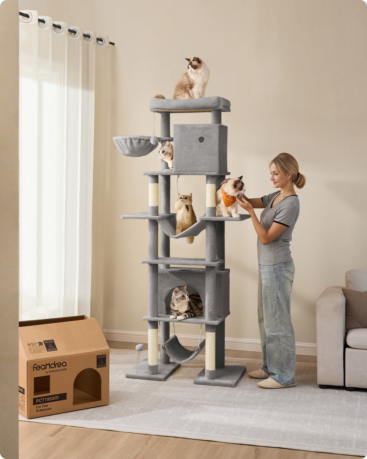 201 cm Tall Cat Tree XXL Large with Scratching Posts Light Grey - image 2